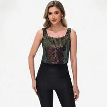 Women's Sequin Square Neck Tank Top With Sleeveless Design And Cropped Fit - Multicolored - Multicolor - View 4