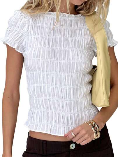 Women Shirred Short Sleeve Tops Slim Fit Solid/Plaid Frill Trim Round Neck Shirts Casual Summer Streetwear