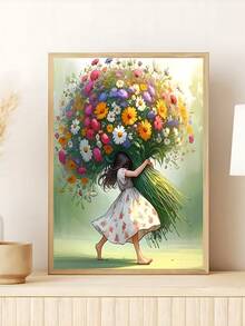 1pc Vintage Wild Flower Wall Art, Boho Canvas Wall Decor, Sage Flower Bathroom Wall Art, Countryside Landscape Poster, Pink Wild Flower Canvas Wall Art, Girl Hugging Floral Poster Print - Multicolor - View 3
