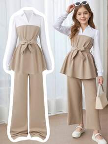 Autumn/Winter New Arrival Tweens/Teens V-Neck Color Block Long Sleeve Top With Belt & Solid Color Pants, Elegant Yet Fashionable & Comfortable