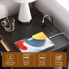 GIKPAL Fluted Nightstand With Charging Station Set Of 2 - Boho Bedside Table For Bedroom, Drawer + Open Shelf, White Modern Night Stand With USB/Type-C Ports, Black - Xem 6