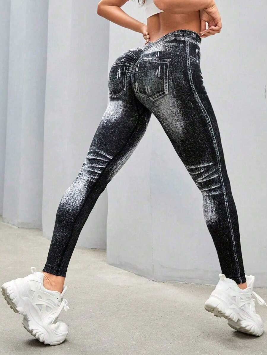haochu Women's V-Back Denim Print Fitness Leggings, Butt-Lifting Seamless Sports Yoga Pants - màu đen - Xem 1