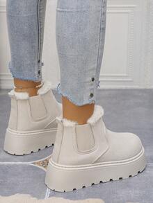 Damskie, wygodne, antypoślizgowe, białe, obszyte sztucznym futerkiem, ciepłe, grube podeszwy, wsuwane buty na wysokiej platformie z grubym dnem i puszystą podszewką, ciepłe, zimowe, codzienne, do noszenia na zewnątrz, beżowe buty śnieżne - Beżowy - Zobacz 7