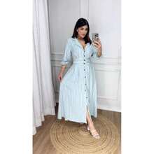 Vestido Luxo longo listrado - Azul bebê - Visão 1