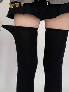 1 paire de chaussettes hautes de couleur unie, chaudes et simples, convenant à l'automne/hiver, confortables - Noir - Voir 6