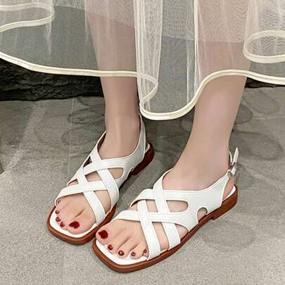 Smile Women Sandals Roman Retro Woven Fashion Sandals Spring New Rubber Low Heel Square Toe Beach Sandals Korean Version Sandals