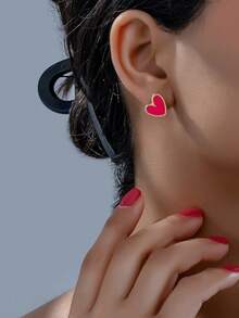1 Pair Fashionable Heart Shaped Stud Earrings, Suitable For Daily Wear - Hot Pink - View 1