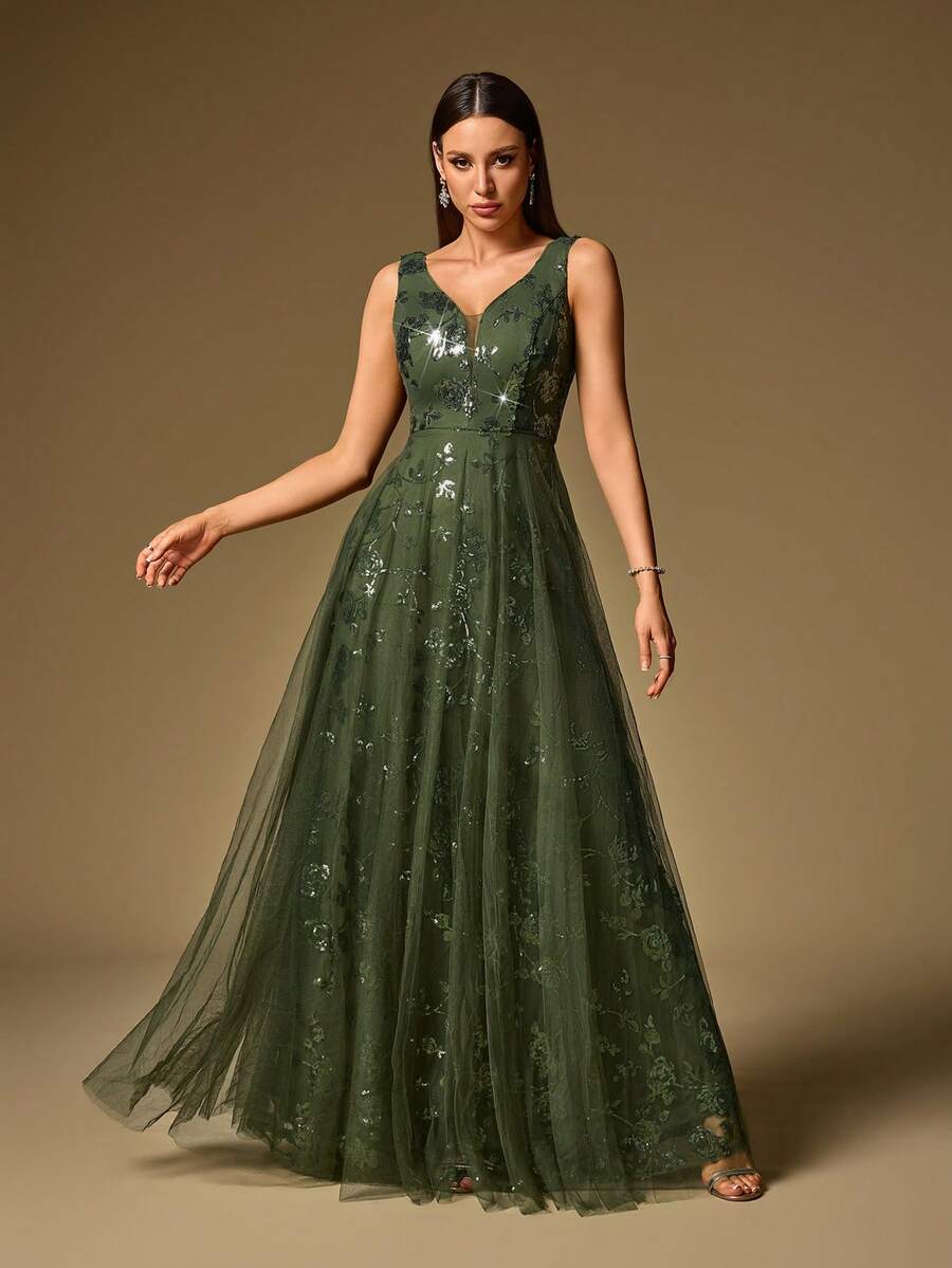 Đầm chữ A không tay cổ chữ V phối họa tiết hoa, đính sequin và lưới, dành cho nữ, kiểu dáng thanh lịch, thích hợp cho lễ tốt nghiệp, sự kiện thảm đỏ và các buổi dạ tiệc. - Màu xanh Ô liu - Xem 1