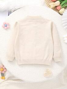 Girls Knitted Floral Embroidery Round Neck Cardigan - Beige - View 2