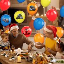 Ramo de globos de látex con estampado de camión colorido de 12 pulgadas en rojo, amarillo, azul y naranja, adecuado para fiestas de camiones monstruo para niños, baby shower, boda y suministros para fiestas de cumpleaños