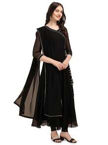 Estationeryhouse Women's Georgette Anarkali Kurta Kurti With Dupatta (Bottoms Not Included) (Black) - Black - View 1