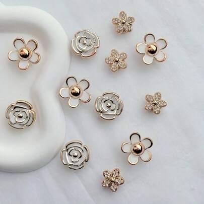 12pcs Golden Floral Shoe Charms - Durable ABS, Hollow Design, No Battery Needed, Perfect For Sneakers, Sandals & Slippers, DIY Shoe Accessories For Mother'S Day, Christmas, And More, Shoe Accessories|Floral Shoe Charms|Hollow Charms