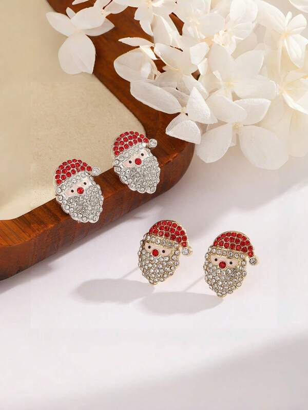 1 par de pendientes brillantes de Papá Noel, totalmente cubiertos de rhinestones + gorro de rhinestones rojos súper deslumbrantes, adecuados para fiestas de Navidad, citas con la novia, atuendos festivos, ¡también un excelente regalo de Navidad! Úsalos y conviértete instantáneamente en un dulce duende de Navidad, ¡un imprescindible de moda!