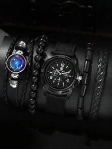4pcs/Set Men's Watch Set, Fashion Quartz Watch + Versatile Bracelet Set, Classic Round Dial, Comfortable Nylon Strap, Suitable For Daily Wear - Black - View 12