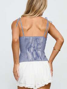 Women Y2K Plaid Cami Tank Tops Lace Trim Tie Shoulder Spaghetti Strap Button Front Slim Fit Gingham Camisole Crop Tops Sleeveless Summer Backless Vests Shirts Cute Going Out Tops Party Club Streetwear - 藍色 - 查看 2