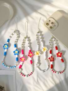 1pc Soft Ceramic Plumeria White Ingot Faux Pearl Phone Lanyard, Smartphone Beaded Strap, Camera/Bag Charm