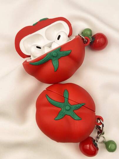 1pc 3D Realistic Tomato Design 1/2/3/4/Pro Silicone Protective Case, Compatible With Apple Wireless Bluetooth Earphones (Earphones Not Included)