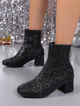 2-25cm Rhinestone Embellished Chunky Heel Short Boots, Gold & Silver Color, Glitter, Princess Style, Mid-Heel Boots, Versatile For Autumn/Winter