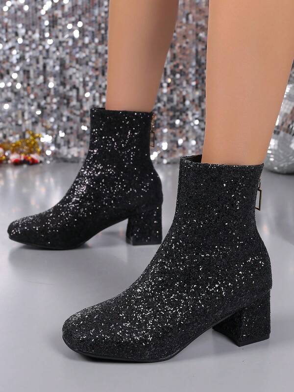 2-25cm Rhinestone Embellished Chunky Heel Short Boots, Gold & Silver Color, Glitter, Princess Style, Mid-Heel Boots, Versatile For Autumn/Winter