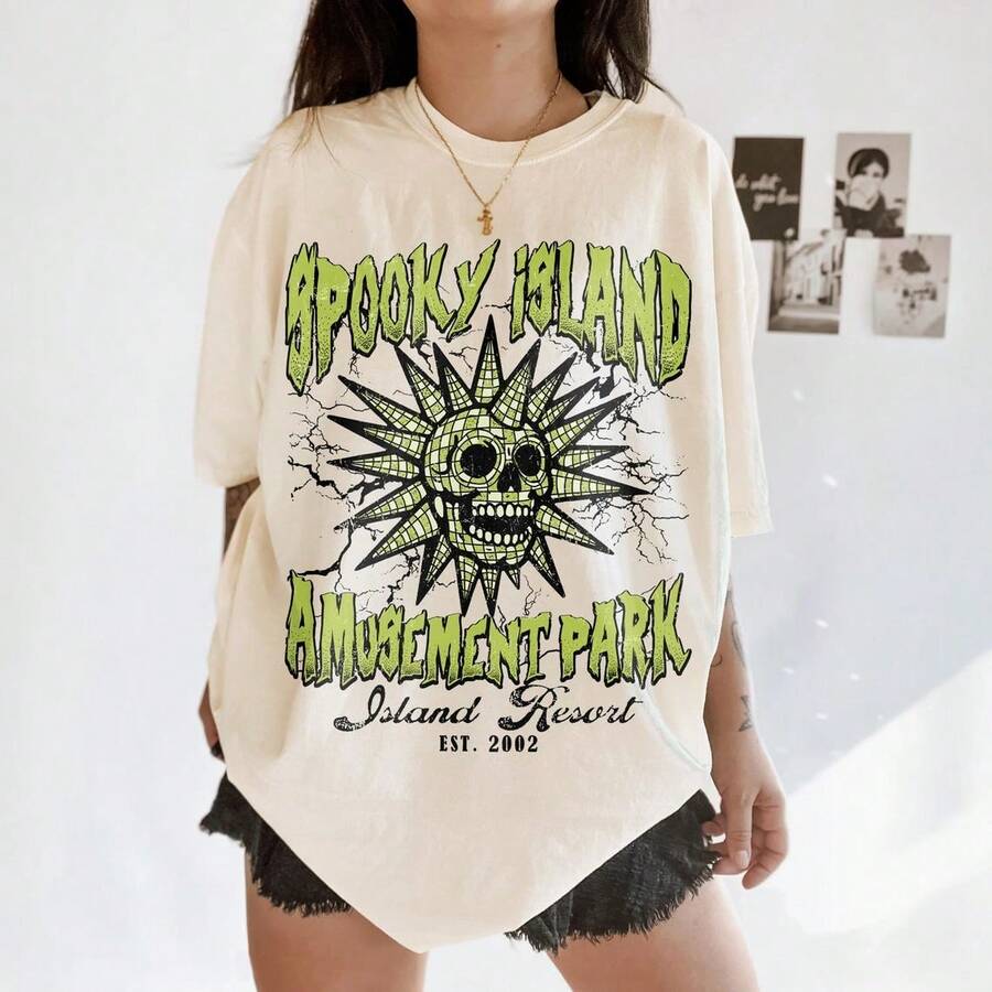 Spooky Island Shirt, Funny Halloween Skeleton Shirt, Halloween Shirt, Retro Halloween Shirt, Disco Skull Shirt - 白色 - 查看 1