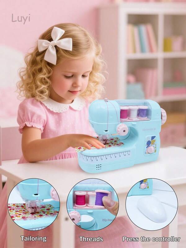 Blue/Beige Portable Multi-Functional Electric Sewing Machine (Batteries Not Included), DIY Handmade Sewing Clothes, Pretend Play Mini Sewing Machine Set, Suitable As Birthday Or Holiday Gift For Girls