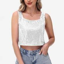 Women's Sequin Square Neck Tank Top With Sleeveless Design And Cropped Fit - Silver - Silver - View 1