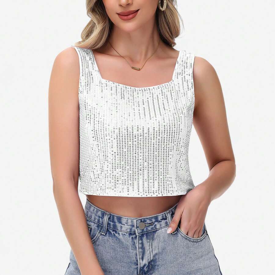 Women's Sequin Square Neck Tank Top With Sleeveless Design And Cropped Fit - Silver - Silver - View 1