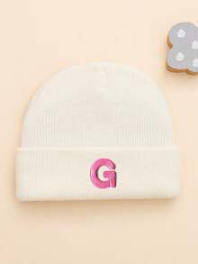 1 peça de gorro de malha branca com estampa de letras rosa bebê, moderno e fofo, macio e confortável, quente, adequado para bebês de 0 a 6 meses, uso diário no outono/inverno