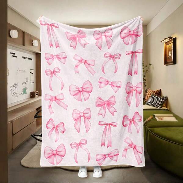 1pc Fluffy Flannel Blanket With Cute Bow Pattern, Super Soft Halloween Cartoon Theme Throw Blanket, Ideal For Holiday Decor & Gift, Suitable For Living Room, Bedroom, Office, Camping, Party, Autumn Blanket | Nap Blanket | AC Blanket, Available In Multiple Sizes, Pink