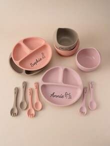 4PCS Personalized Customization Name And Pattern Silicone Suction Base Plate And Bowl Childern Feeding Tableware Self Feeding Training Cutlery Spoon Fork Sets Print On Demand Childern Tableware Essentials