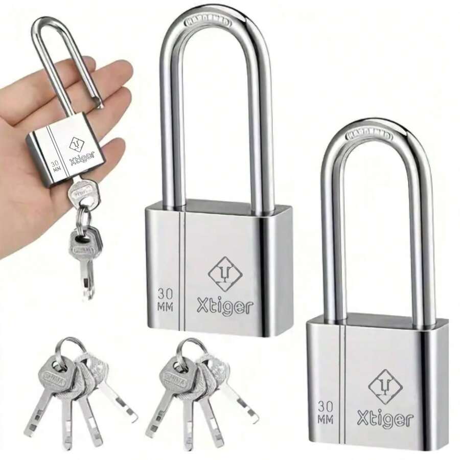 1pc Stainless Steel Anti-Theft Padlocks & 4 Keys, Extra Long Shackle, Front Door Lock, Square Leaf Padlock, Cabinet Lock, Drawer Lock, Dorm Room Lock, Universal Hardware Accessories - Silver - View 1