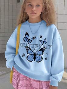 1pc Girls Butterfly Pattern Crew Neck Sweatshirt, Comfortable And Breathable, Suitable For Spring And Autumn Outdoor Activities, Personalized And Fashionable - Blue - View 1
