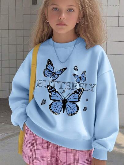 1PC Girl Butterfly - Element Crew Neck Sweatshirt, Comfortable, Spring & Autumn Outdoor Activity & Personalized Style