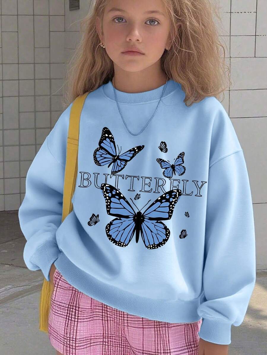 1pc Girls Butterfly Pattern Crew Neck Sweatshirt, Comfortable And Breathable, Suitable For Spring And Autumn Outdoor Activities, Personalized And Fashionable - Blue - View 1