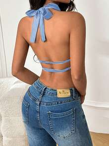 WOWDARK Damen modische, sexy Satin Rückenfreie Bluse, Herbst - Blau - Übersicht 4
