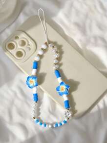 1pc Soft Ceramic Plumeria White Ingot Faux Pearl Phone Lanyard, Smartphone Beaded Strap, Camera/Bag Charm