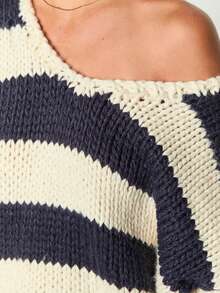 Women Oversized Striped Sweater Color Block Knit Long Sleeve Drop Shoulder Loose Pullover Tops Y2K Preppy Fall Winter Jumper - Navy Blue - View 8