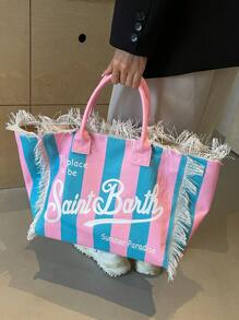 Borsa a tracolla in tela a righe, nuova borsa a frange Dopamine, borsa da pendolare di grande capacità alla moda, stampa a righe casuale