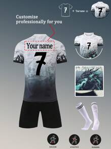 Kids Customizable New Real Madrid Commemorative Soccer Jersey Set #7, Polyester & Spandex Round Neck Top With Slight Stretch, Black & White, Unisex, Suitable For Soccer Parties, Weekend Leisure, Running, Yoga, Hiking - Spring/Summer Sportswear, Suitable For Outdoor Activities,Multi-Functional,Ornamental,Letter,Stylish,Modern,Colorful,Cute,Adorable,Casual,Custom,Personalised,Unique,Customized,Ideal Gifts For Him,Ideal Gifts For Her