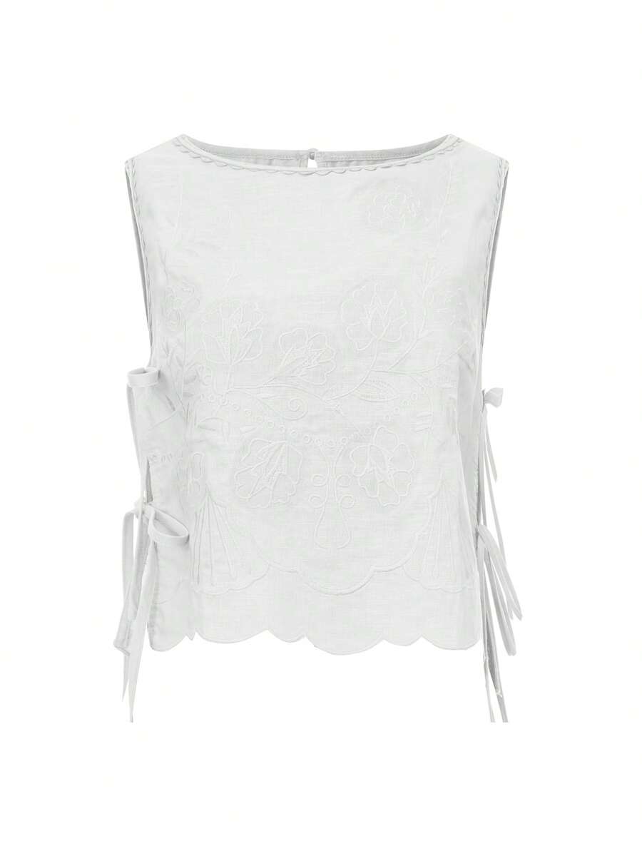 Women Summer Cropped Tank Tops Casual Tie Up Side Floral Embroidery Sleeveless Shirt Basic Vest For Streetwear