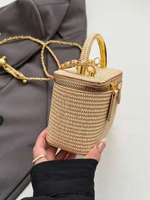 1pc New Minimalist Casual Versatile Woven Straw Lunch Box Bag, Chain Strap Shoulder Crossbody Bag, Holiday Best Seller Small Shoulder Crossbody Bag - Khaki - View 7