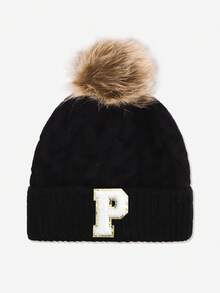 1pc Baby & Toddler Letter Pom Pom Knit Hat, 26 Letters Available, Knitted Cap, Suitable For Baby Boys & Girls Everyday Wear In Autumn/Winter - Black - View 17