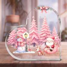 1 pièce Plaque acrylique rose avec sapin de Noël, cœur et Père Noël. Décoration de chambre mignonne avec bonhomme de neige et traîneau pour les filles. Présentoir de bureau et cadeau de Noël pour les amies