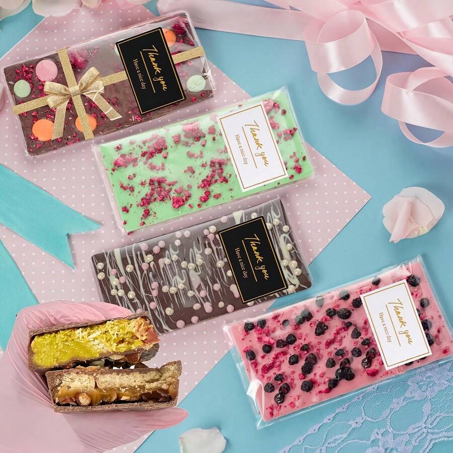 100pcs Knafeh Walnut Chocolate Bar Packaging, 4 X 8.3 Inches, Self-Adhesive, Small Plastic Wax Melt Strip Bags, 100pcs Thank You Stickers, Made Of Polypropylene (PP) Material, With 205pcs/Set Accessories - Clear - View 1