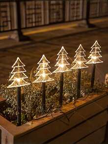 1 Pack Of 5 Solar Powered LED Christmas Tree Path Lights - Warm White, 5-Pointed Star/Snowflake Design, Outdoor Waterproof Holiday Decor, Auto Solar Charging During Day, Auto Lighting At Night, Ground Lighting, Easy Installation, No Wires Needed, Ideal For Winter Parties, Home, Pathways, Gardens, Walkways, Patios, Planters, Sidewalks, Christmas, Holidays, New Year, And Lawn Ambiance Lighting