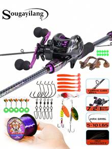 SOUGAYILANG Combo canna da pesca e mulinello, canna in fibra di carbonio a 2 sezioni da 1,8 m, mulinello baitcasting, bobina in alluminio liscio, rapporto di ingranaggi ad alta velocità 7,2:1, con filo da pesca in nylon, esche da pesca e accessori, ambidestro, media potenza (le specifiche del filo da pesca e gli stili e i colori degli accessori sono casuali) - Viola - Visualizzare 1