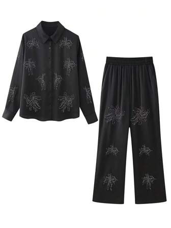 女士套装复古别致刺绣单排扣长袖衬衫宽松长裤时尚秋季基本款套装