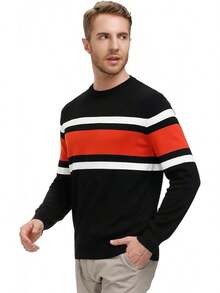 Mens Striped Pullover Sweater Crewneck Contrast Fine Knitted Sweaters - Đen-đỏ-trắng - Xem 4
