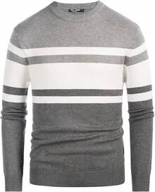 Mens Striped Pullover Sweater Crewneck Contrast Fine Knitted Sweaters - 灰白色 - 查看 8