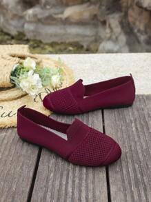 Women's Knitted Flat Mesh Sneakers, Round Toe Casual Slip-On Shoes, Comfortable Mother Shoes For Daily Walking